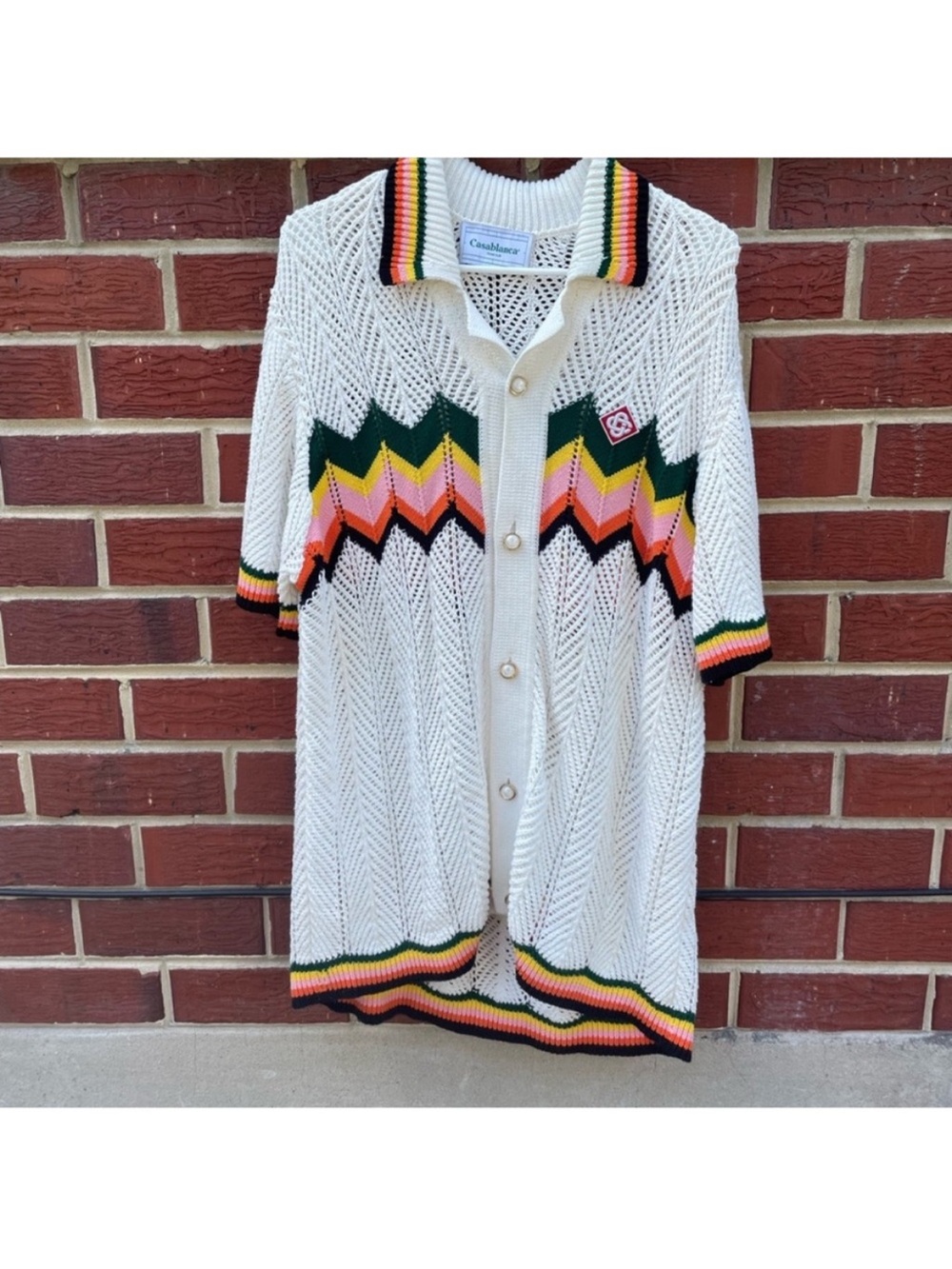 Casablanca Men's White Knit Polo Cardigan with Multicolor Chevron Trim